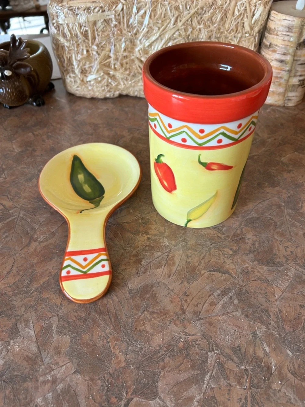 Vintage Clay Art Handpainted Ceramic Chili Pepper Utensil Holder and Spoon Rest